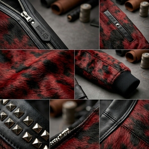 Chaqueta de Cuero Genuino de Pelo de Vaca para Hombre, Estilo Bomber con Estampado Rojo y Negro, Cuello con Tachuelas, Estilo Punk Rock, Venta al por Mayor - Product Image 6