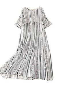 Grande taille été plissé Vintage Floral décontracté pull femmes coton rayé plaine teint Maxi robe ample - Product Image 4