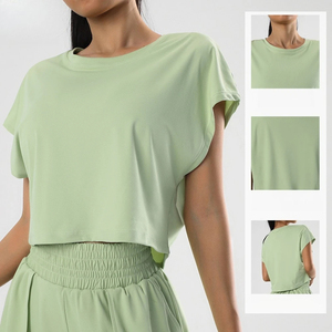 Haut court noir pour femme, à manches courtes, col rond, coupe ample, décontracté, en tricot, couleur unie, respirant, printemps-été - Product Image 3