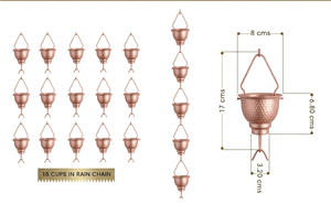 Chaîne de pluie - Couleur cuivre, revêtement en poudre, suspendue, 8,5 pieds, faite à la main, installation facile pour la décoration de jardin, résistante à la rouille, adaptateur de gouttière, crochet en V - Product Image 2