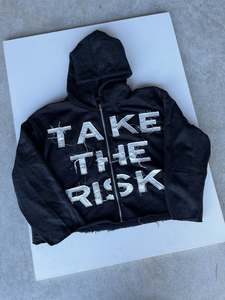 Custom Heavyweight <b>Full</b> <b>Zip</b> <b>Hoodie</b> Applique Patch Rhinestone Mens Black Distressed Streetwear <b>Zip</b> Up <b>Hoodie</b> - Product Image 2