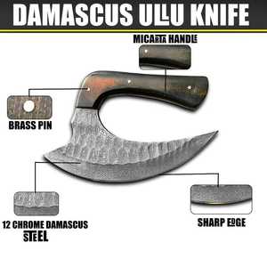 Custom Handmade Damascus Steel Pizza Cutter Wheel Ulu Knife Premium Wooden Handle Kitchen Axe with Genuine Leather Sheath - Product Image 2