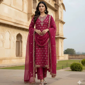 Elegant Fully Stitched GMY <b>Silk</b> <b>Kurta</b> Palazzo Set with Embroidery Work for Women - Product Image 1
