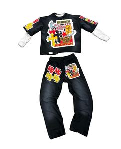 Ensemble de survêtement unisexe délavé à l'acide Logo personnalisé Manches longues Sweat-shirt à col rond en coton épais Pantalon de survêtement Joggers Ensemble pour hommes - Product Image 1