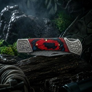 Cuchillo Plegable de Acero de Damasco con Punta Caída, Mango Rojo, Hoja Recta, para Camping y Actividades al Aire Libre, 6.5 Pulgadas de Longitud Total - Product Image 6