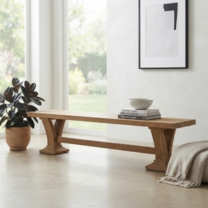 Banco largo Viola, moderno, de madera maciza, rectangular, elegante base de caballete, banco de comedor para decoración rústica y contemporánea del hogar. - Product Image 3
