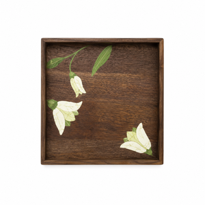 Plateau de service en bois de manguier de qualité supérieure avec incrustation florale |   Plateau carré décoratif fait main, élégant, pour la table de salle à manger ou comme accent de table centrale. - Product Image 1