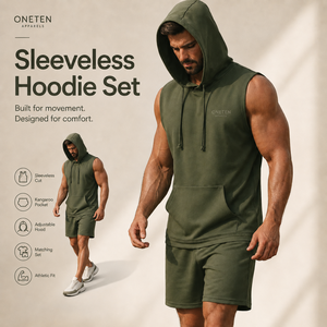 ONETEN APPARELS Conjunto de Camiseta sin Mangas con Capucha y Pantalones Cortos con Cordón para Hombre, Color Sólido, Secado Rápido, Ropa Deportiva para Gimnasio, Corte Holgado - Product Image 1