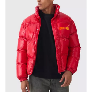 Veste matelassée rouge pour homme, col montant, fermeture éclair, coupe-vent, manteau d'hiver décontracté, rembourrage en polyester, coque épaisse en nylon - Product Image 1