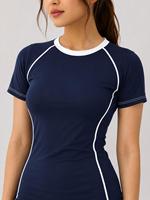 Haut de sport respirant et écologique à manches courtes pour femme, bleu marine, en spandex et polyester, séchage rapide, idéal pour la vente en gros