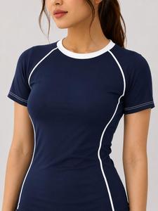 Haut de sport respirant et écologique à manches courtes pour femme, bleu marine, en spandex et polyester, séchage rapide, idéal pour la vente en gros - Product Image 2