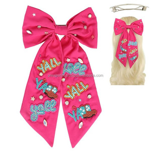 Pink Beaded Satin Hair Bow for Girls Embroidered Tennis Racket and Ball Design for Sports Cheer Wedding Party Accessory - Product Image 5