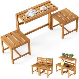 Conjunto de Muebles de Patio 3 en 1 Convertible de Madera de Acacia para Exteriores, Sofá de Dos Plazas Natural con Mesa y Sillas, Incluye Soporte para Plantas - Product Image 1