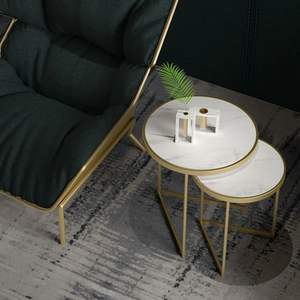 Home Designer Round Luxury Furniture Marble Top Nested <b>Table</b> Gold Plated Metal End <b>Table</b> for Living Room, Office, Hallway - Product Image 2