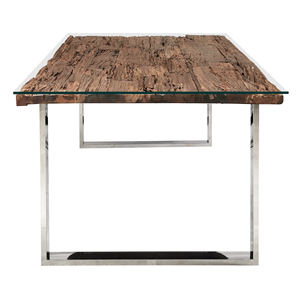 Table de salle à manger pour la maison, en bois recyclé, style vintage antique, avec plateau carré de style rétro naturel et pieds en acier inoxydable en forme de U - Product Image 3