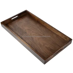 Bandeja de servicio de un solo nivel rectangular de madera de acacia tallada, acabado mate marrón oscuro para el almacenamiento de vajilla de la sala de estar del hogar - Product Image 2