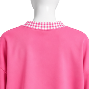 Mens Baby <b>Pink</b> Oversized Crewneck <b>Sweatshirt</b> With Gingham Check Collar And Cuffs Long Sleeve Graphic Pullover Casual Streetwear - Product Image 4