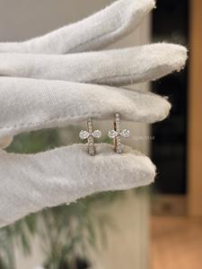 Graceful round pear lab grown diamond cross <b>huggie</b> earrings 0.85ct VVS VS EF <b>solid</b> 14 kt <b>gold</b> meaningful faith inspired jewelry - Product Image 2