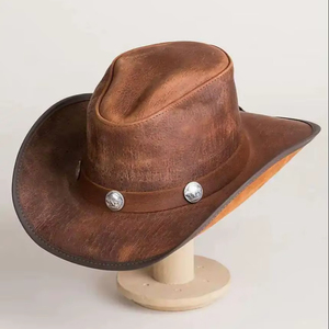 Sombrero de Vaquero de Cuero de Grano Completo de Alta Calidad con Acabado Desgastado, Estilo Western Outback, Sombreros Bush Moldeables de Ala Ancha, Duraderos para Fiestas y Deportes - Product Image 1