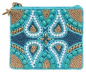 Pochette zippée en perles étoile de mer vert-bleu aqua doré, style bohème mandala, mosaïque de perles de rocaille en forme de goutte, porte-monnaie, petit portefeuille - Product Image 1