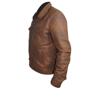 Chaqueta clásica de cuero vacuno marrón para hombre con cuello de camisa y bolsillos con solapa, chaquetas de moto con cremallera para hombre de alta calidad - Product Image 3
