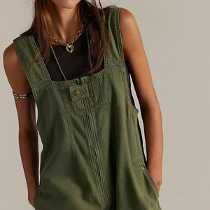 Custom <b>Women's</b> Green <b>Denim</b> Overalls <b>Shorts</b> Solid Color Loose Fit Casual Summer Style With Pockets Breathable Cotton Mid Waist - Product Image 3