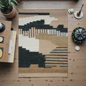 Alfombra Durrie de Lana Hecha a Mano, Moderna, Abstracta, de Tejido Plano, con Patrón Geométrico, Ecológica, Apta para Mascotas, Beige y Negro - Product Image 3