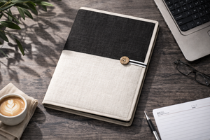 Carpeta Organizadora de Documentos Corporativos Ecológica de Yute Blanco y Negro Premium con Cierre de Botón - Product Image 6