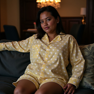 Ensemble pyjama léger en coton indien Golden Embrace pour femme avec passepoil assorti pour le confort de l'été Short à cœur jaune - Product Image 5