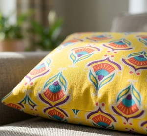 Boho Ethnic Floral <b>Printed</b> Plain Style Square <b>Cushion</b> Cover in Vibrant Yellow Orange Teal Home & Hotel Use Best-Selling 18X18 - Product Image 3