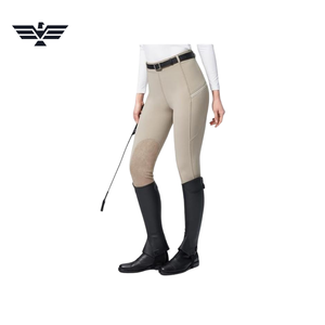 Pantalon d'équitation pour femme, taille haute, longueur intégrale, beige, en spandex et polyester, avec fermeture éclair et poches, respirant, vêtements d'équitation - Product Image 3