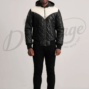 Chaqueta de Cuero Bicolor Negra y Blanca para Hombre, Chaqueta Acolchada con Capucha y Diseño de Diamantes, Chaqueta de Invierno Cálida y Acolchada Estilo Biker - Product Image 4