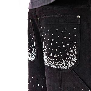 Shorts en jean noir pour homme, personnalisés, de haute qualité, avec strass, style streetwear, ourlet déchiré, OEM - Product Image 3