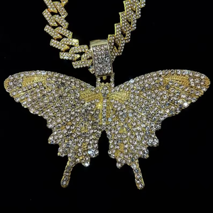 Gold Plated Butterfly Pendant Necklace With Cubic Zirconia Pave Setting Unisex Hiphop Style Figaro <b>Chain</b> Everyday Wear - Product Image 3