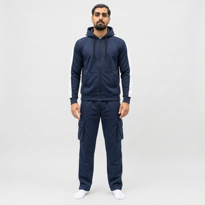 Survêtement à capuche bleu marine pour homme, manches longues, fermeture éclair, couleur unie, vêtement décontracté, coupe régulière avec poches latérales - Product Image 1