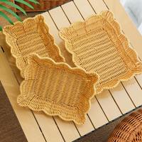 Plateau rectangulaire en rotin PE, tressé à la main, bord ondulé, panier de service, couleur naturelle, plateau de rangement pour cuisine, table, décoration intérieure