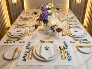 Custom Washable Reuse Embroidery Pretty Purple Floral <b>Placemats</b> Napkins Sets 100% Linen Hemstitch Mats Home Wedding Events - Product Image 2