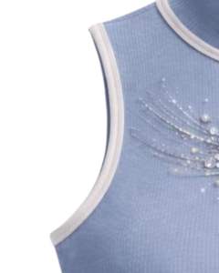 Débardeur côtelé bleu clair personnalisé pour femme avec motif floral en strass, sans manches, été, fabrication sur mesure - Product Image 4
