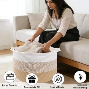 65L Large Woven Cotton Rope Nursery Basket, Laundry Basket Laundry <b>Hamper</b> with Handles,Blanket Basket <b>Storage</b> Bin - Product Image 2