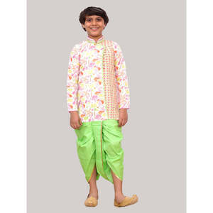 Ensemble Kurta et Dhoti pour garçons indiens, style Pak & Party Wear, blanc et vert lime, imprimé plage, manches longues en coton doux - Product Image 1