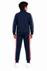 Ensemble de survêtement pour garçons, bleu marine, rouge et blanc, veste à demi-zip, fermeture à cordon, séchage rapide, 100% polyester, léger - Product Image 3