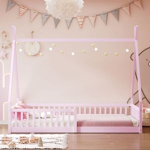 Lit en bois rose pour enfant, taille double, avec clôture, design unique, meubles de lit - Product Image 3