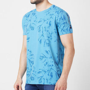Men's Blue O-Neck Short Sleeve T-Shirt With <b>Leaf</b> Pattern Casual Jersey Knitted 100% Cotton Regular Fit - Product Image 2