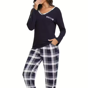 Women's Long-Sleeve V-Neck Animal Print Pajama Set Soft 100% Cotton Breathable Luxury Spring Drawstring Closure Jersey Fabric - Product Image 1