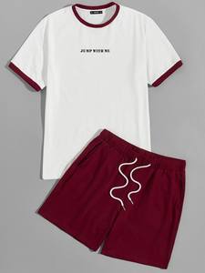 Conjunto de Camiseta y Pantalones Cortos de Algodón para Hombre, Color Sólido, Cuello Redondo, Bolsillo, Ribete en Contraste, Ropa Casual, Corte Regular - Product Image 1