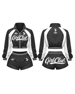 Conjunto de dos piezas de pantalones cortos negros y blancos para mujer, chaqueta deportiva de tela premium, logotipo personalizado, camiseta 100% algodón y pantalones cortos. - Product Image 1