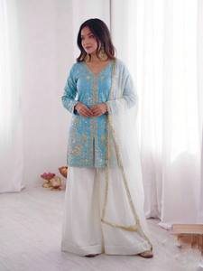 Kurta brodée turquoise avec pantalon palazzo blanc et dupatta – Tenue traditionnelle indienne et pakistanaise pour femme, coupe ample, longueur cheville - Product Image 2