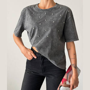 Vintage Washed Grey Rhinestone <b>Studded</b> T Shirt Oversized Streetwear Faded Tee Custom Logo Wholesale - Product Image 4