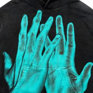 Sudadera con capucha para hombre Chrome Skeleton Middle Finger 2026, negra lavada, oversize, con gráfico metálico, azul neón, estilo streetwear artístico - Product Image 5