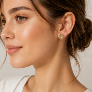 18K Yellow Gold Diamond Floral Halo <b>Stud</b> <b>Earrings</b> for Women High Polish Daily Wear Party Wedding Jewelry Gift - Product Image 1